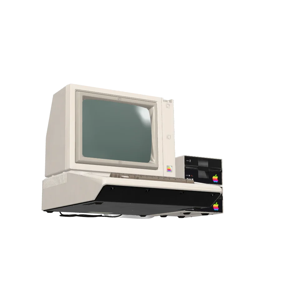 Computador compacto: um Apple II com monitor, teclado e unidade de disco.
